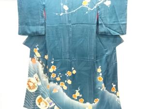 アンティーク　紋錦紗　枝梅に花丸文様刺繍漆一つ紋着物